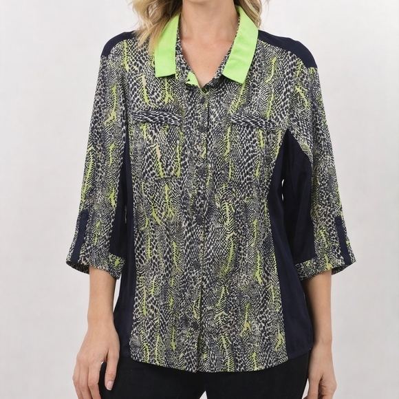 T Tahari Tops - Tahari | Women's | Blouse | Neon Green and Black Animal Print | Size L